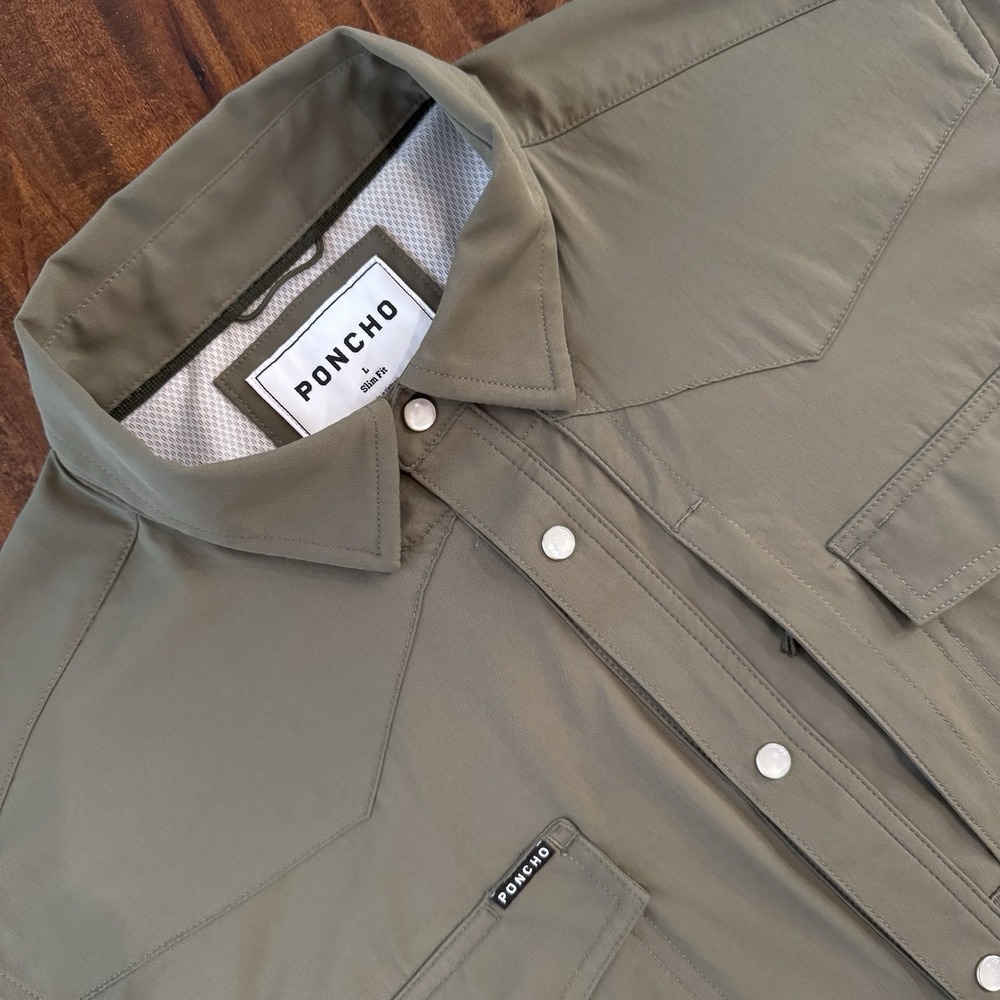 Poncho Outdoors Men's L Slim Fit Western Pearl Snap Shirt Olive Green